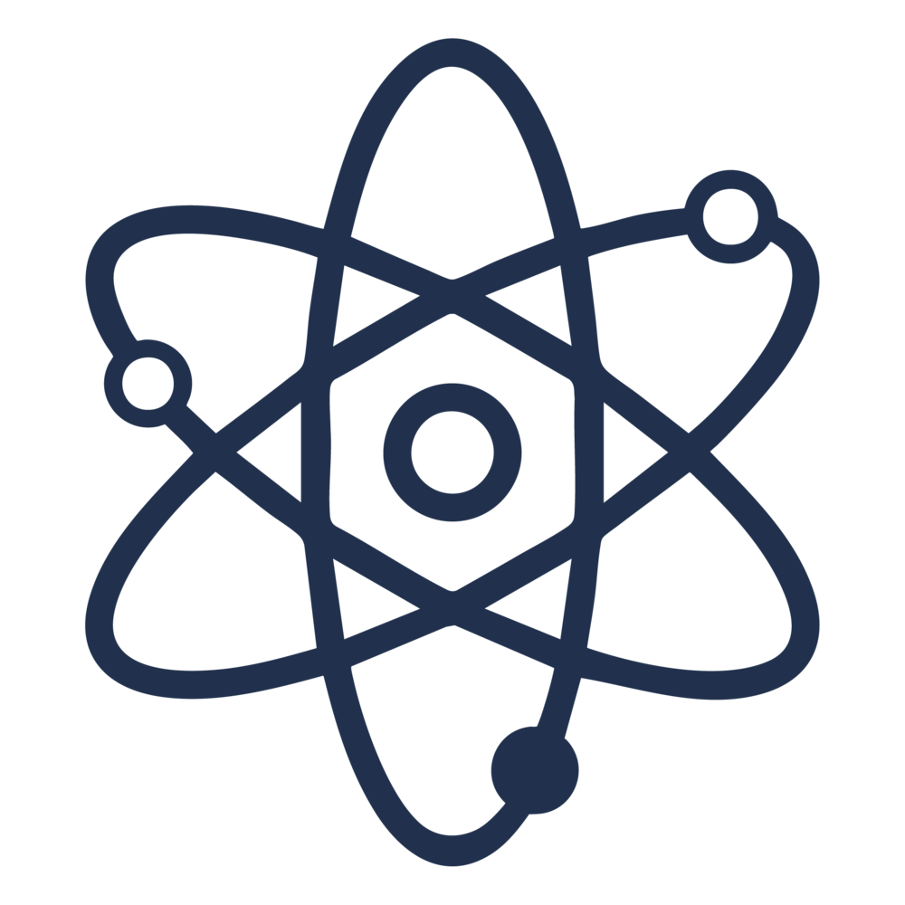 Icon image of an atom with electrons and protons spinning around a nucleus.