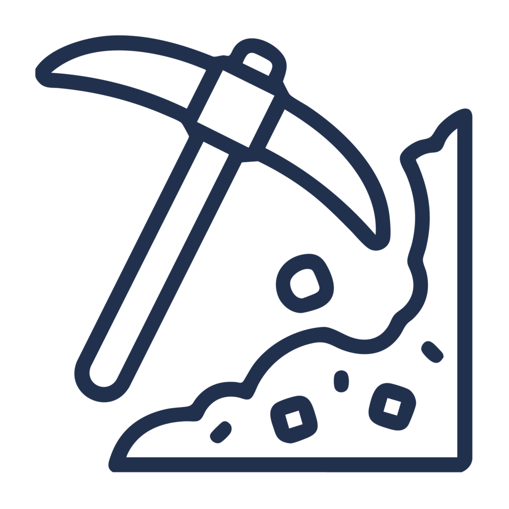 Icon image of a pickaxe digging away at soil and rocks.