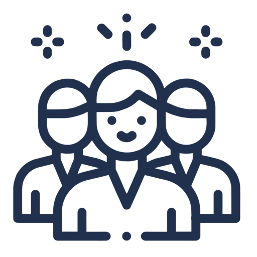 A blue line icon of a group of people.
