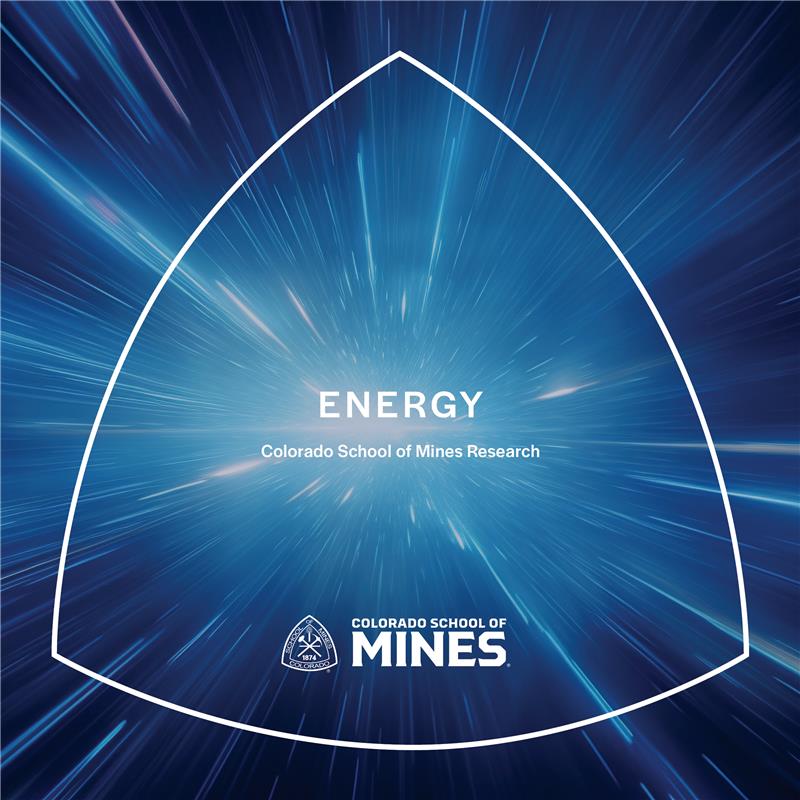 Blue radial light burst background with text: Energy, Colorado School of Mines Research, and logo within a white outlined shape.