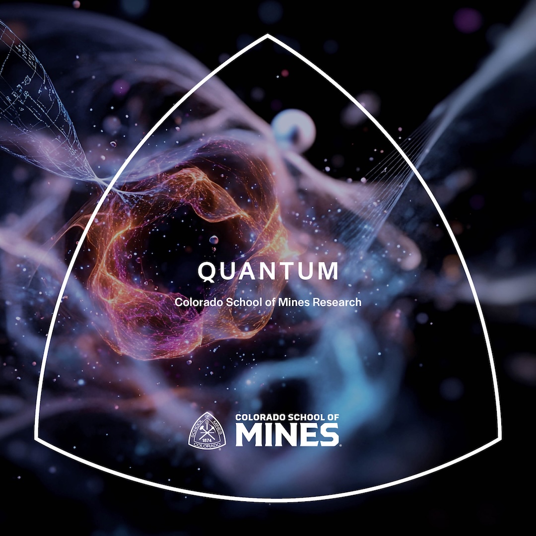 Abstract quantum particle illustration with Colorado School of Mines Research logo and text on dark background.