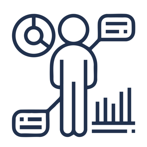 A person holding a magnifying glass over a bar graph.
