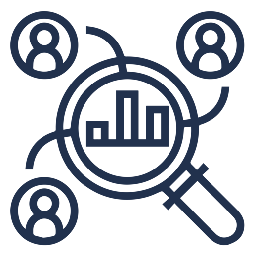 A magnifying glass with a bar graph in the middle of it.
